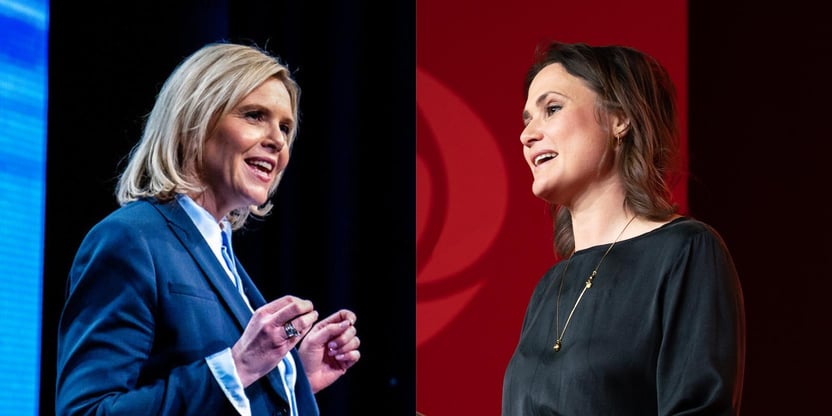 Bildet viser Sylvi Listhaug Kari Nessa Nordtun. De ser mot hverandre.