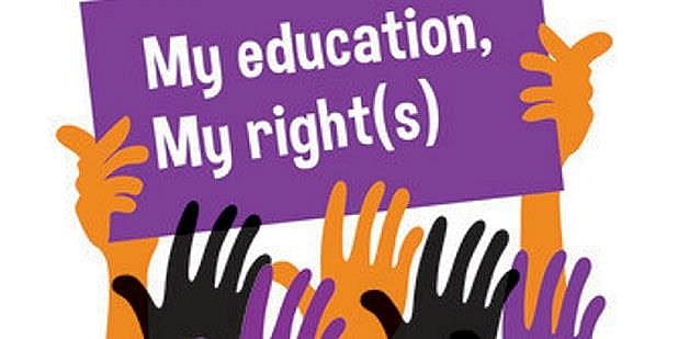 Illustrasjonsbilde av hender som holder en plakat med "My education, my rights".