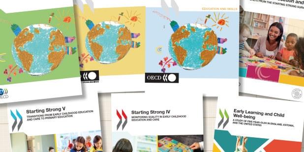 Samling av forsider av OECD-publikasjonen Starting Strong. Foto. 