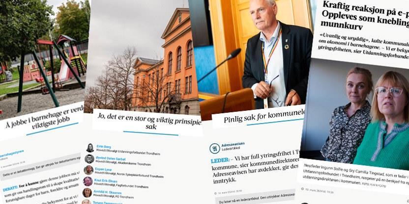 Bildet viser diverse nyhetsoppslag fra Adressa om ytringsfrihet i Trondheim.