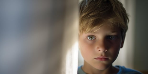 KI-generert bilde av liten gutt som gjemmer seg rundt hjørnet på veggen eller lytter og hører noe