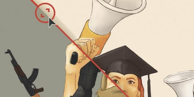Tegning av et våpen, en megafon og en student. Illustrasjon.