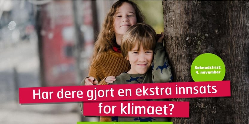 Plakat vedrørende klimapris. Vi ser bilde av to personer, gutt og jente som lenser seg til et tre.