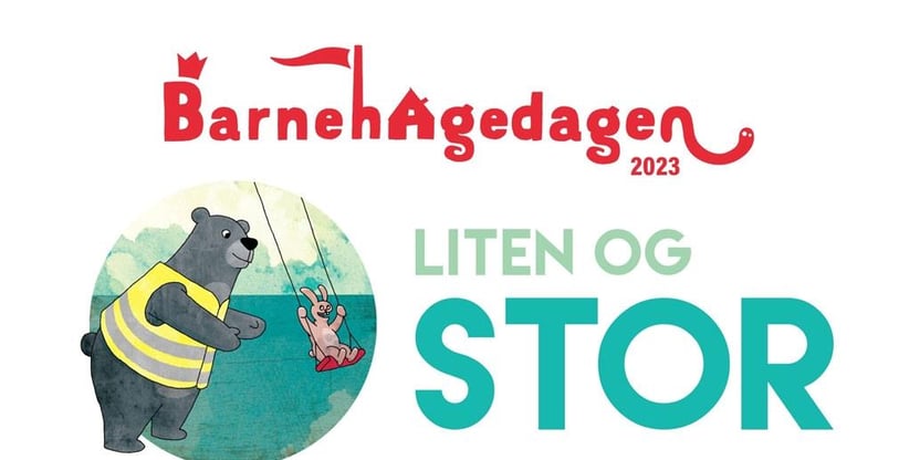 Logo og bilde av barnehagedagen og en bamse som leker med en hare