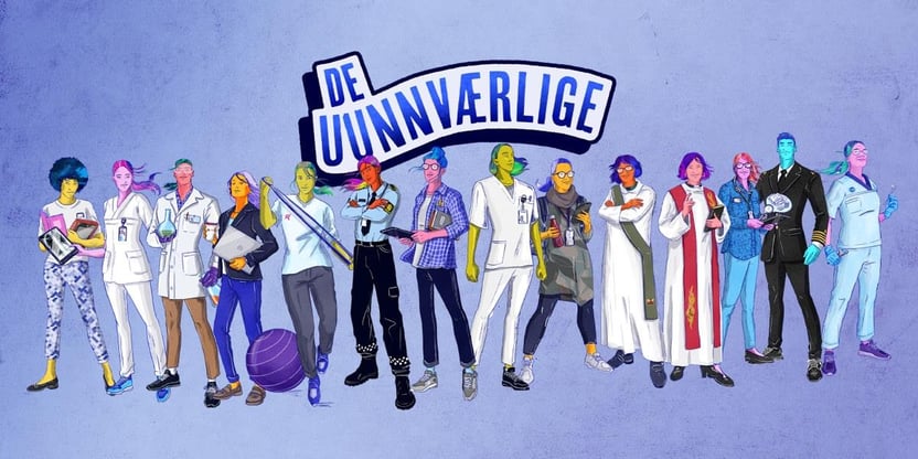 Kampanjegrafikk fra Unio, med overskrift "De uunnværlige". Grafisk bilde av typiske yrkesgrupper i Unio på en rekke, med en overvekt av kvinner.