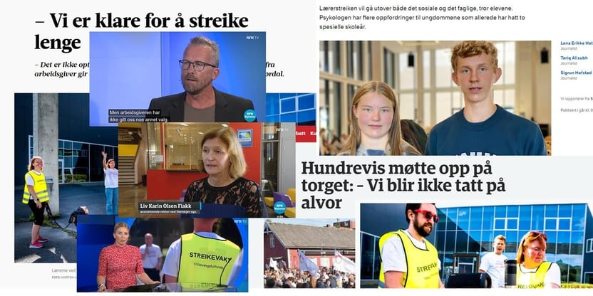 Flere skjermbilder fra pressedekning om streiken. Bilde av elever som blir intervjuet, fylkesleder Geir Røsvoll på Midtnytt, streikevakter og streikemarkeringer. Foto/Faksimile
