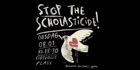 En fredsdue med et kritt i nebbet og et blødende knust hjerte med tittelen "Stop The Scholasticide!"