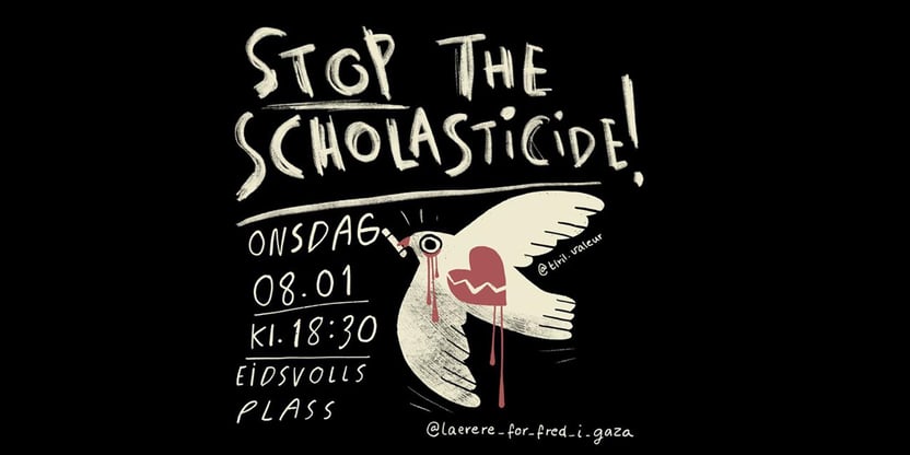 En fredsdue med et kritt i nebbet og et blødende knust hjerte med tittelen "Stop The Scholasticide!"