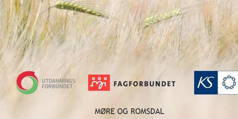 Illustrasjon av plakat med korn i bakgrunnen, med logo av Utdanningsforbundet, Fagforbundet og KS i front. 