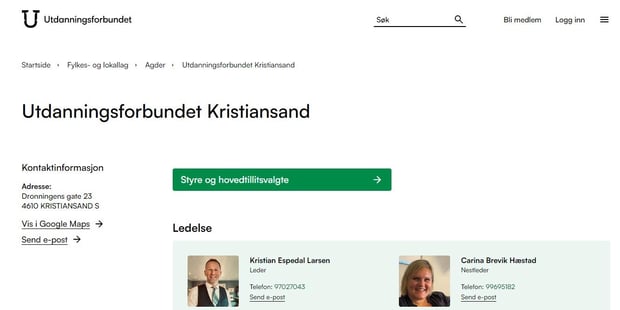 Skjermbilde av nettsiden til Utdanningsforbundet Kristiansand som viser kontaktinformasjon