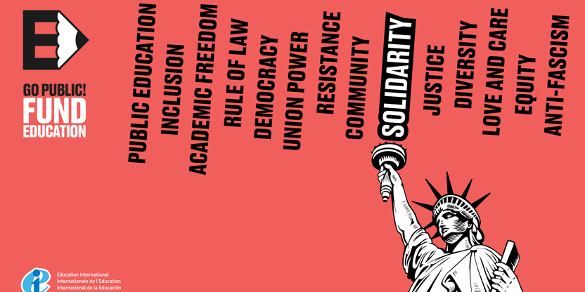 Poster fra Education internatisonal som fronter offentlig skolesystem, inkludering, demokrati, solidaritet, ulikhet osv