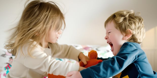 to små barn som krangler om en leke