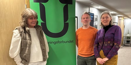 Tre medlemmer foran en grønn rollup. Foto.