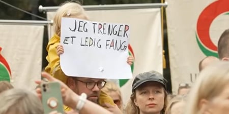 Et barnehagebarn på skuldrene av sin far, som bærer en plakat med teksten "Jeg
trenger et ledig fang"