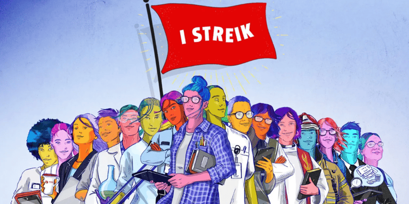 Tegning av mange medlemmer i forskjellige yrkesgrupper med høy utdanning,
med en fane med tekst "I streik"