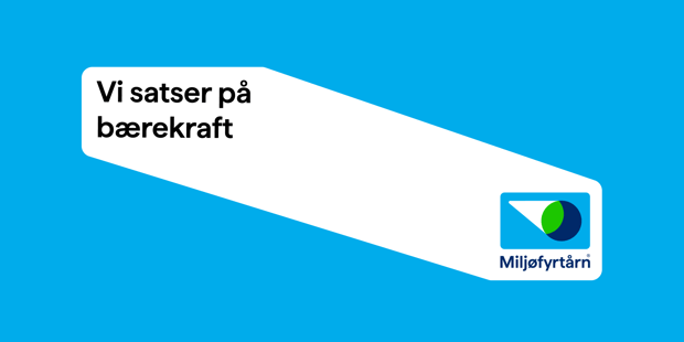 Bilde av Miljøfyrtårn-logoen med tekst "Vi satser på bærekraft".
