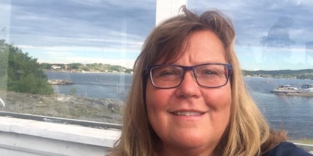 Bilde av Karin Holter. Ansiktet synes foran et vindu