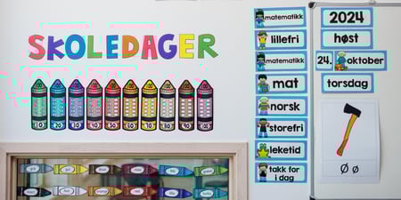 En vegg i et klasserom for 1. klassinger med tall, ord og figurer og hvilke fag og pauser som skoledagen skal inneholde. Illustrasjonsfoto
