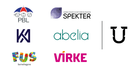 Logoene til tariffområdene for private barnehager + Utdanningsforbundet: PBL, KA, FUS, Spekter, abelia, Virke.