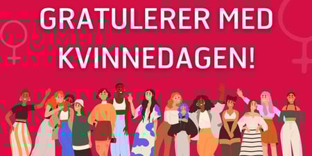 Tegning av en rekke kvinner med tekst gratulerer med kvinnedagen