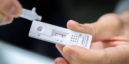 Nærbilde av en dråpeteller som blir dryppet i en covid-19 hurtigtest.