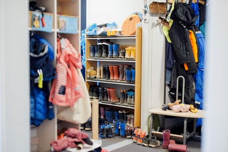 Bilde av en garderobe i en barnehage med jakker, støvler og sko