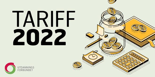 En illustrasjon med teksten "Tariff 2022", hvor det er bilde av en kalkulator, penger, penn og tilsvarende.