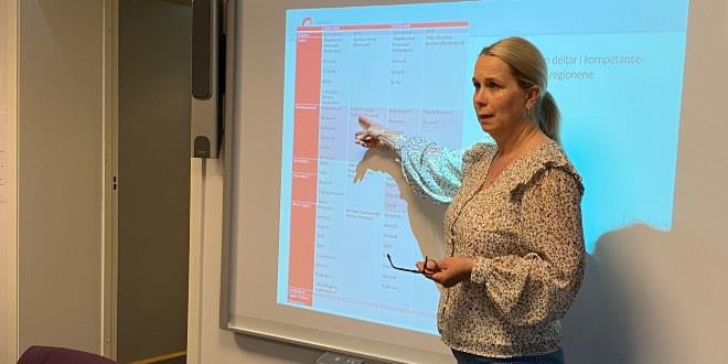Vi ser bilde av Eilin Ask Dugstad i halvfigur. Hun står foran ved lerretet for pp-presentasjon.