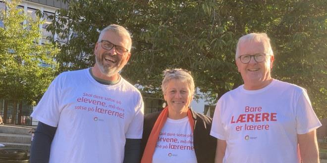 Vi ser bilde av tre personer Geir Lindgren, Inger Grødem Haraldsen og fylkesleder Ottar Stordal. De er avbildet i halvfigur med streikeskjorter.