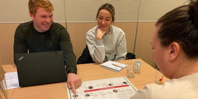 3 personer rundt et bord som jobber med ulike oppgaver på en såkalt "dialogduk".