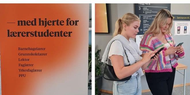 Bilde av to studenter som tekster på mobil samt tekst "med hjerte for studenter"