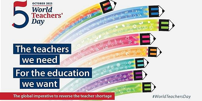 Verdens lærerdag. Bilde av blyanter i regnbuens farger. 