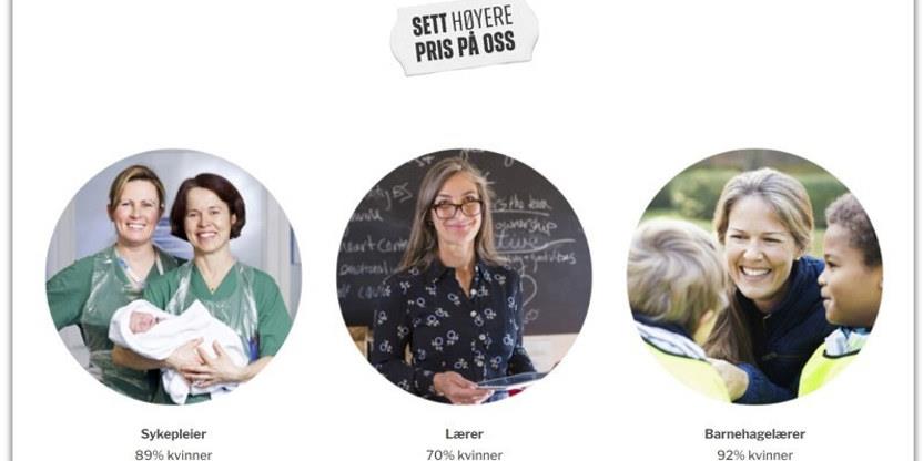 Foto av tre kvinner med ulike "kvinnedominerte yrker" - tekst "Sett høyere pris på oss"