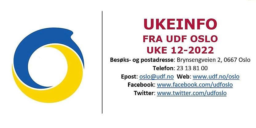 Plakat med UDF logo i Ukrainafarger og tekst UKEINFO 12-2022. Illustrasjon