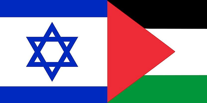 Bilder av Israels og Palestinas flagg.